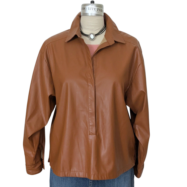 By Anthropologie Cedar Half Button Faux Leather Shirt Size Medium