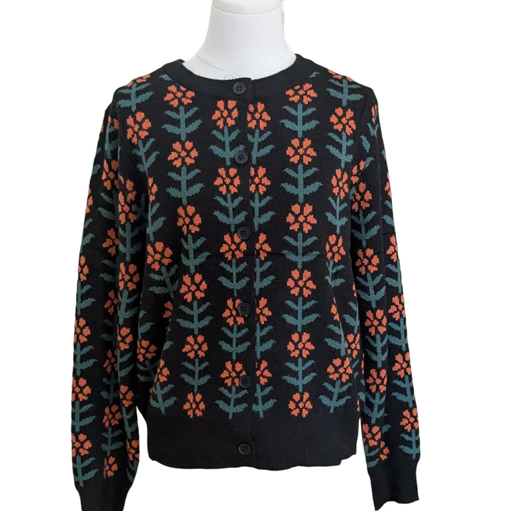 Black Cardigan with Orange Flowers Size Small