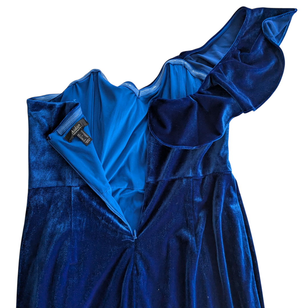 Aidan Mattoc Blue Velvet One Shoulder Cocktail Dress Size 10