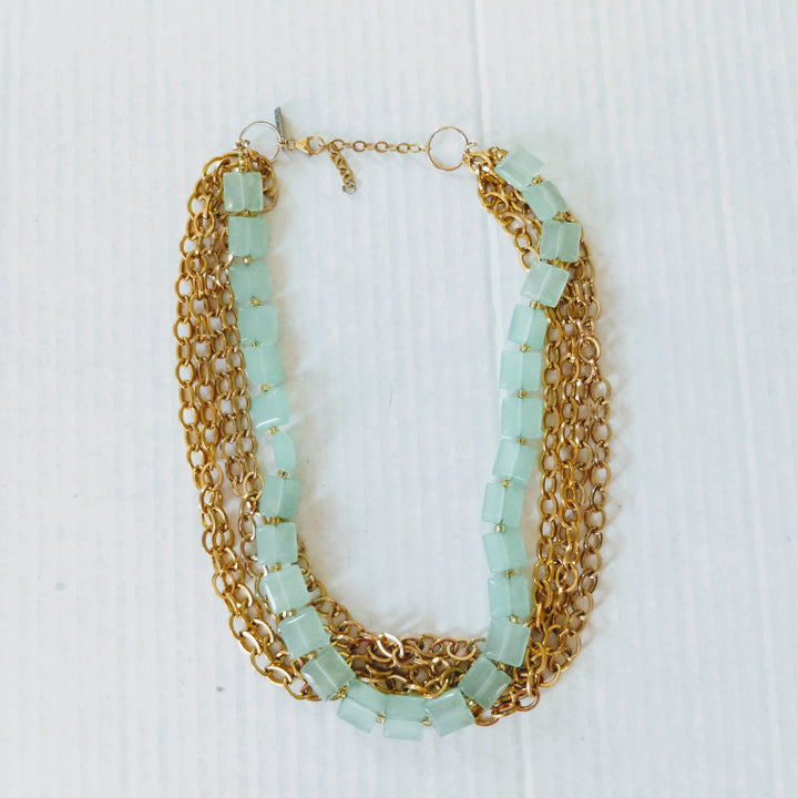 Gold Multi Strand Necklace with Green Beads - C&J Collections Chicago
