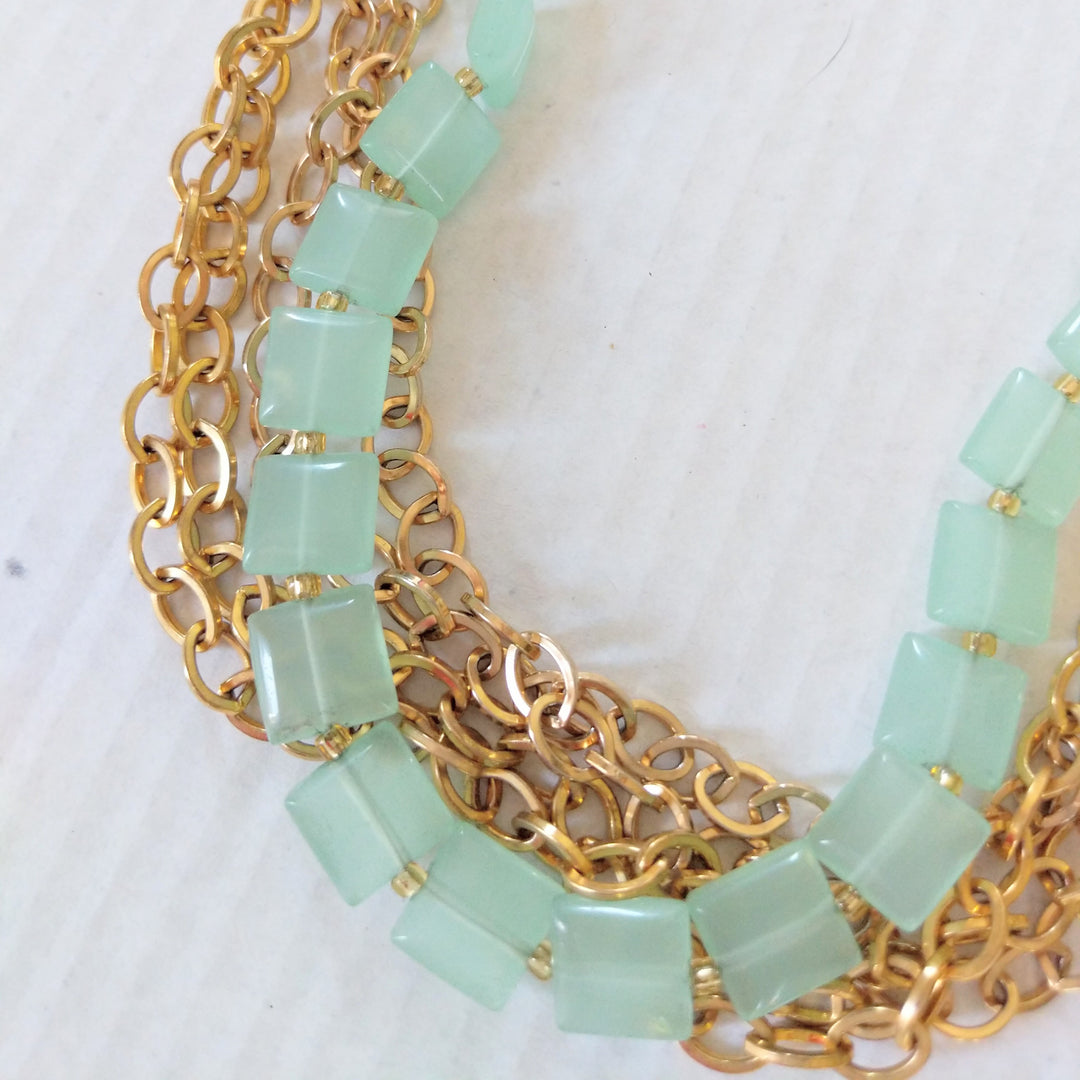 Gold Multi Strand Necklace with Green Beads - C&J Collections Chicago