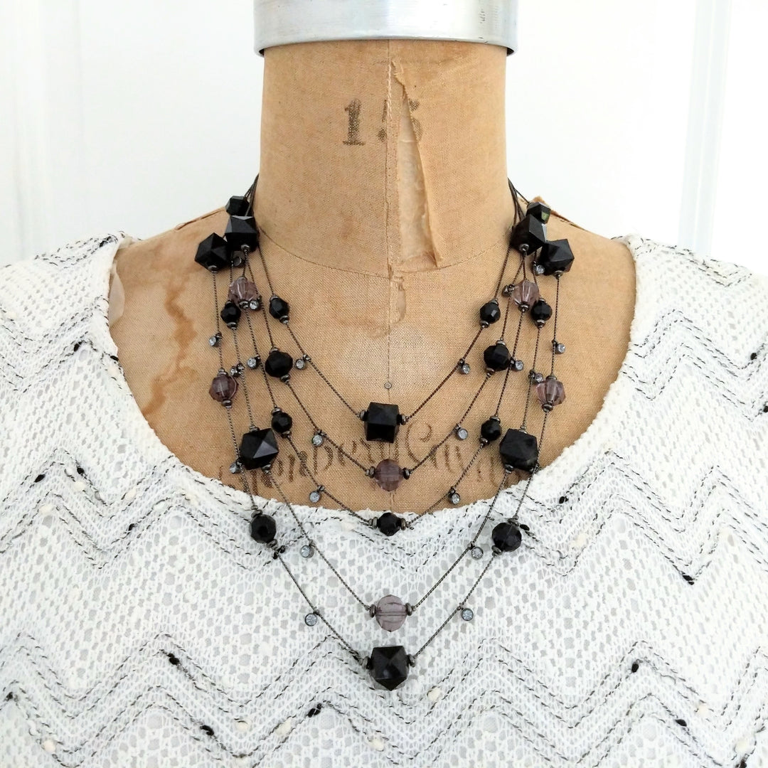 Multi Strand Fine Chain Necklace with Jet Beads