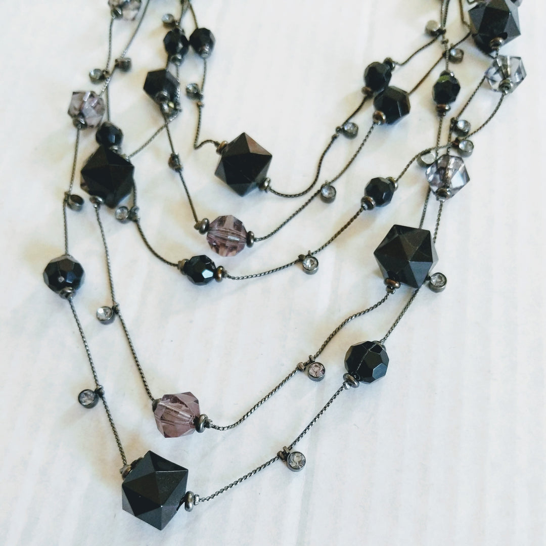 Multi Strand Fine Chain Necklace with Jet Beads