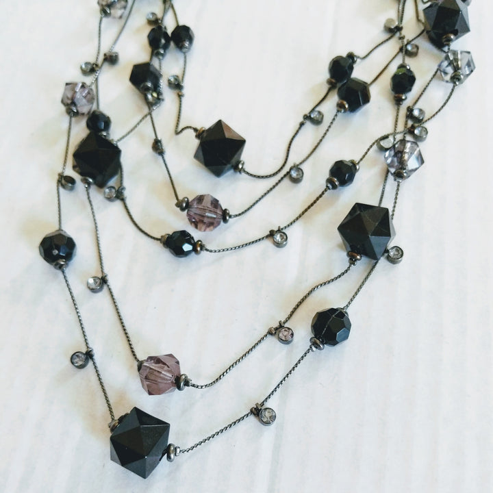 Multi Strand Fine Chain Necklace with Jet Beads