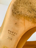 Gucci Tan Leather Marmont GG Peep Toe Block Heel Pumps Size 38.5