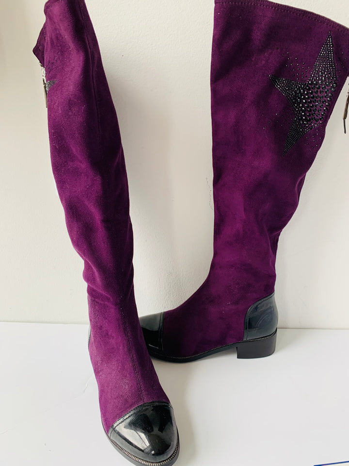 Azura Purple Rhinestone Black Patent Boots Size 39