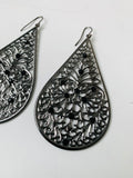Pewter/Silver Tone Filigree Ornate Teardrop Earrings