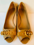 Gucci Tan Leather Marmont GG Peep Toe Block Heel Pumps Size 38.5