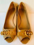 Gucci Tan Leather Marmont GG Peep Toe Block Heel Pumps Size 38.5