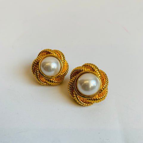 Gold Tone Rope Detail Faux Pearl Earrings