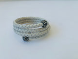 White Braided Leather Coil Bracelet with Rhinestone Trim