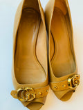 Gucci Tan Leather Marmont GG Peep Toe Block Heel Pumps Size 38.5