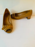 Gucci Tan Leather Marmont GG Peep Toe Block Heel Pumps Size 38.5