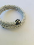 White Braided Leather Coil Bracelet with Rhinestone Trim