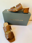 Ann Taylor Eyelet Perforated Leather Two Strap Sandal in Midnight Mahogany Size 6.5