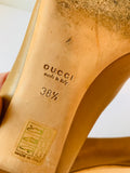 Gucci Tan Leather Marmont GG Peep Toe Block Heel Pumps Size 38.5
