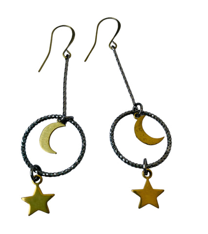 Star and Moon Drop Earrings in Gun Metal and Gold Tone