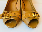 Gucci Tan Leather Marmont GG Peep Toe Block Heel Pumps Size 38.5