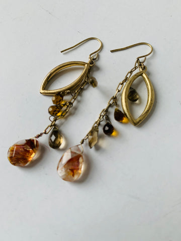 Gold Oval and Bead Dangle Earrings