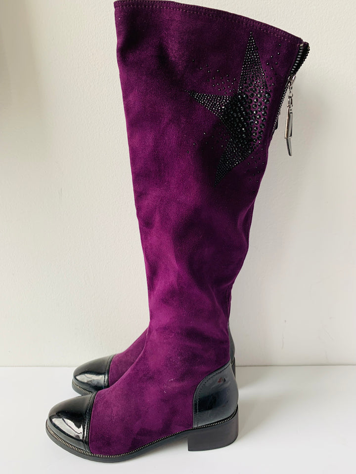 Azura Purple Rhinestone Black Patent Boots Size 39