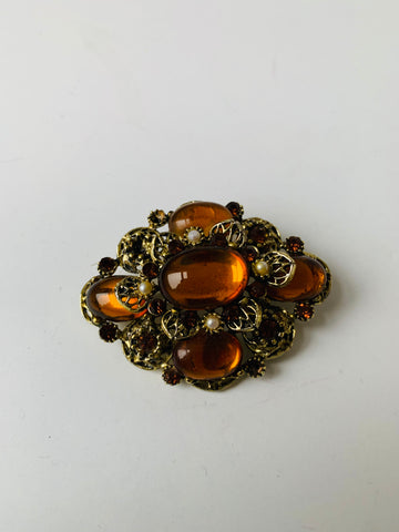 Topaz Glass Brooch/Pin with Pear Beads