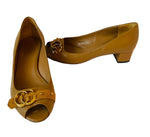 Gucci Tan Leather Marmont GG Peep Toe Block Heel Pumps Size 38.5