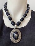 Patricia Nash Deep Blue Speckled Chunky Rhinestone Stone Pendent Necklace