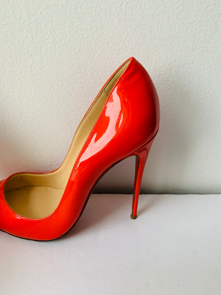 Christian Louboutin Orange Patent Stiletto Leather So Kate Pumps Size 37